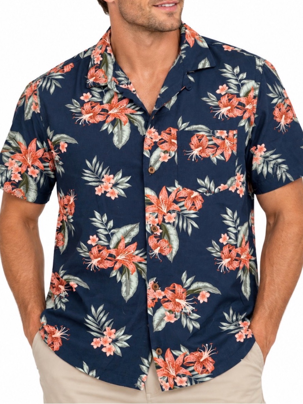 Aeropostale Navy Button-Front Hawaiian Floral Camp Shirt with Coral Blooms SZ M